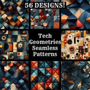 May include: A collection of 56 seamless patterns featuring geometric designs in shades of blue, orange, red, and yellow. The patterns are labelled "Tech Geometries Seamless Patterns".