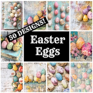 以下が含まれることがあります： イースターエッグの50のデザインを特集したコラージュ。卵は、花柄、幾何学模様、抽象的なデザインなど、さまざまなパターンと色で飾られています。コラージュの中央には、「50 DESIGNS! Easter Eggs」というテキストが表示されています。