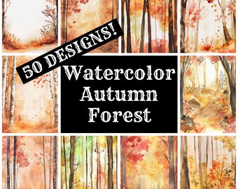May include: A collage of 50 watercolour paintings depicting autumn forest scenes. The paintings feature various shades of orange, yellow, red, and brown, with trees, leaves, and a path through the woods. The text "50 DESIGNS! Watercolour Autumn Forest" is displayed in the centre of the collage.
