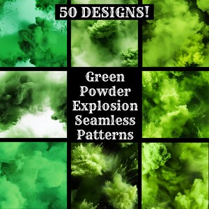 May include: 50 seamless patterns featuring green powder explosions. The patterns are perfect for creating backgrounds, textures, and designs.