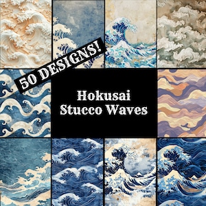 May include: A collage of 10 different designs of Hokusai's Great Wave off Kanagawa, featuring blue, white, and gold colors. The text "50 DESIGNS!" and "Hokusai Stucco Waves" are visible in the image.
