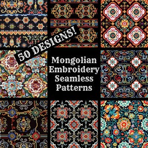 May include: A set of 9 colorful, intricate, and detailed Mongolian embroidery seamless patterns. The patterns feature floral motifs, geometric shapes, and traditional designs. The patterns are perfect for use in a variety of projects, such as fabric, wallpaper, and home decor.