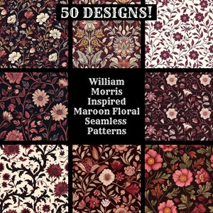 May include: A collection of 50 William Morris inspired maroon floral seamless patterns. The patterns feature a variety of flowers, leaves, and vines in a maroon, cream, and green colour palette.