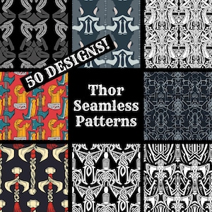 May include: A set of 50 digital seamless patterns featuring Thor's hammer, Mjolnir, in various styles. The patterns are black and white, and some have red, yellow, and blue accents. The patterns are perfect for creating backgrounds, fabric designs, and more.