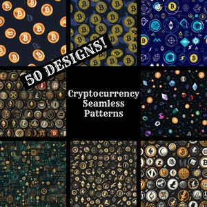 Puede incluir: Una colección de 50 patrones sin costuras de criptomonedas que presentan varios símbolos de moneda digital, incluidos Bitcoin, Ethereum, Litecoin y más. Los patrones están en una variedad de colores y estilos, y son perfectos para usar en diseños digitales e impresos.
