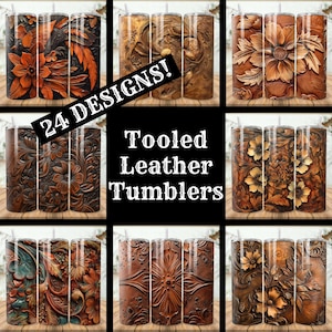 Tooled Leather Tumbler Wrap Bundle 24 Pack Leather 20 oz Skinny Tumbler Sublimation Designs Straight Tapered Tumbler PNG, Instant Download