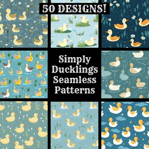 Könnte beinhalten: Ein Set mit 50 nahtlosen Mustern mit niedlichen Entenküken in verschiedenen Farben und Posen. Die Muster eignen sich perfekt für die Erstellung von Stoff-, Tapeten- oder Geschenkpapierdesigns. Der Text "Simply Ducklings Seamless Patterns" wird in der Mitte des Bildes angezeigt.
