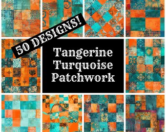 Tangerine Turquoise Patchwork Digital Paper: 50 PNG Designs (Digital Download)