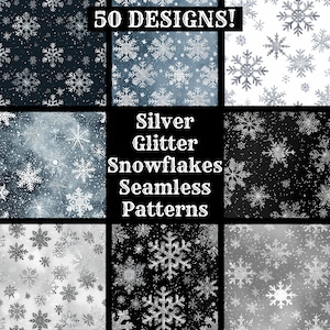 Op de afbeelding: Een set van 50 digitale naadloze patronen met zilveren glitter sneeuwvlokken op verschillende achtergronden, waaronder zwart, wit en blauw. De tekst "Silver Glitter Snowflakes Seamless Patterns" wordt in het midden van de afbeelding weergegeven.