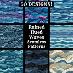 May include: A set of 9 seamless patterns featuring abstract wavy lines in shades of blue, purple, and teal. The text "Rained Hued Waves Seamless Patterns" is displayed in the center of the image.