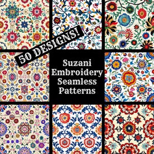 Può includere: Una collezione di 50 motivi di ricamo senza cuciture colorati ispirati ai tradizionali disegni Suzani. I motivi presentano intricati motivi floreali in tonalità di rosso, blu, giallo e verde.