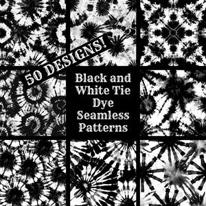 May include: A collection of black and white tie-dye seamless patterns. The image displays a grid of various designs, each showcasing unique spiral and radial patterns. The text "50 DESIGNS!" and "Black and White Tie Dye Seamless Patterns" are also visible.