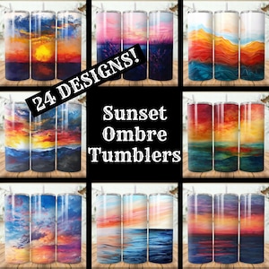 Paquete de 24 envoltorios para vasos Sunset Ombre, diseños de sublimación para vasos estrechos Sunset de 20 oz, vasos rectos cónicos PNG, descarga instantánea