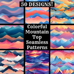 Puede incluir: 50 patrones sin costuras de la cima de la montaña coloridos. Los patrones presentan una variedad de colores, incluyendo azul, rosa, naranja, amarillo y morado. Los patrones son perfectos para usar en una variedad de proyectos, como telas, papel tapiz y diseño digital.