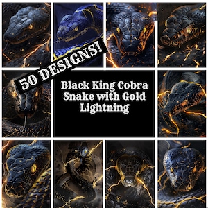 Black King Cobra Snake met gouden bliksemflits dagboekpapier, afdrukbaar papier, vintage dagboekbenodigdheden, inlegvellen