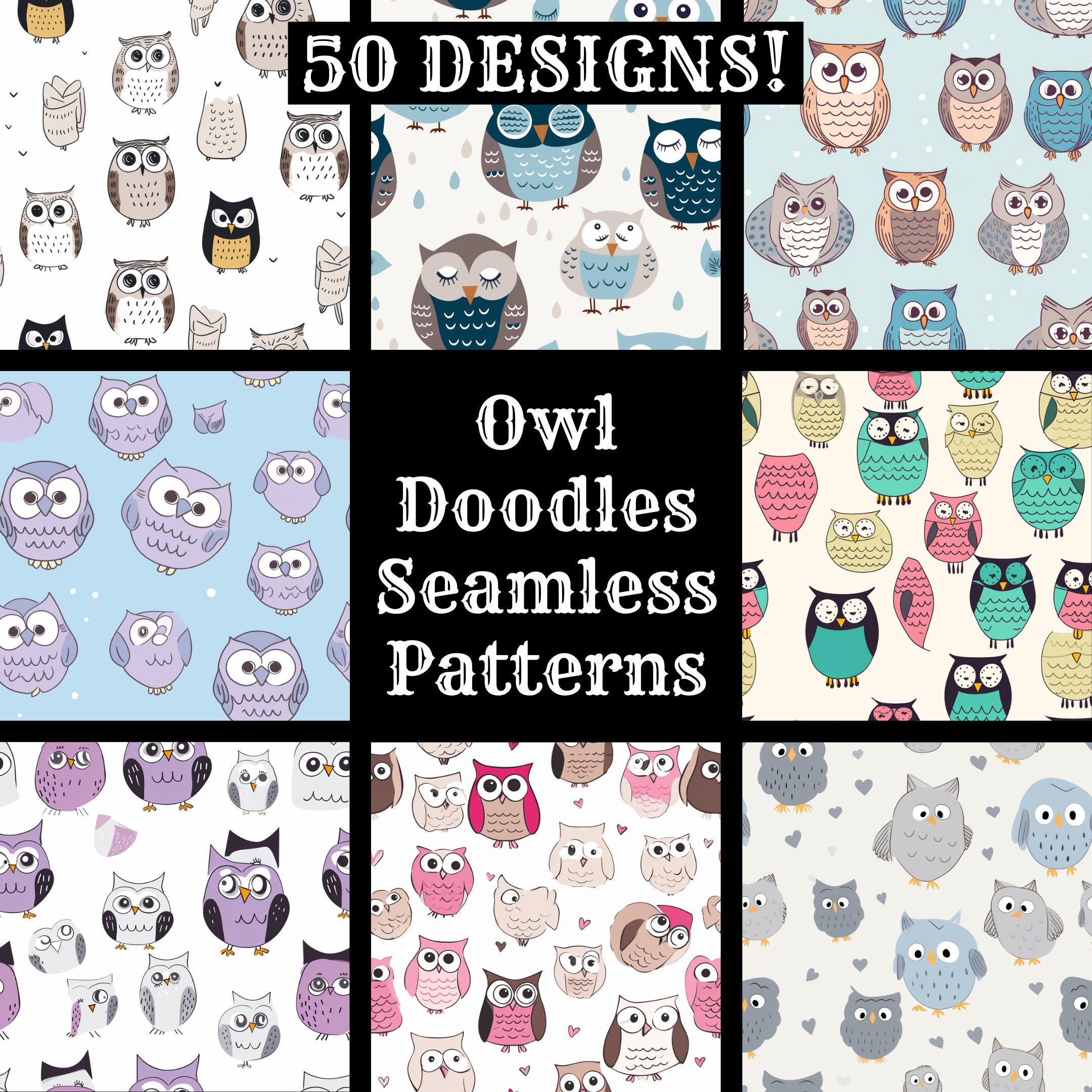 Owl Doodles Seamless Pattern: 50 PNG Digital Papers (Digital Download)