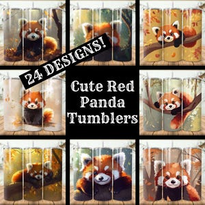 Pacote de 24 unidades de copos de panda vermelho fofo, copos finos de panda vermelho de 20 oz, designs de sublimação, copos cônicos retos, PNG, download instantâneo