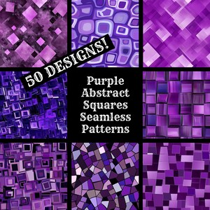 Puede incluir: Una colección de 50 patrones sin costuras de cuadrados abstractos morados. Los patrones están hechos de diferentes tonos de morado y están dispuestos en una variedad de diseños geométricos.