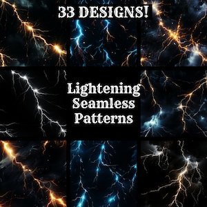 May include: 33 Lightning Seamless Patterns. A set of nine digital seamless patterns featuring lightning bolts in various colours and styles on a black background.