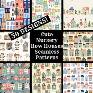 Könnte beinhalten: Ein Set mit 50 niedlichen, nahtlosen Mustern für Reihenhäuser im Kinderzimmer. Die Muster zeigen farbenfrohe Häuser mit verschiedenen Dachformen und Fenstern. Der Text "50 DESIGNS!" wird in einem weißen Banner mit schwarzem Umriss angezeigt. Der Text "Cute Nursery Row Houses Seamless Patterns" wird in einem schwarzen Banner mit weißem Umriss angezeigt.