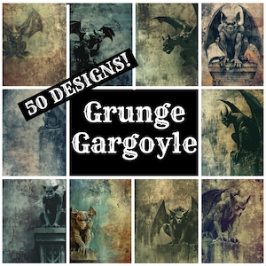 May include: A collage of 50 grunge-style gargoyle designs. The gargoyles are depicted in various poses and expressions, with a distressed, textured background. The text "50 DESIGNS! Grunge Gargoyle" is displayed in a bold, white font.