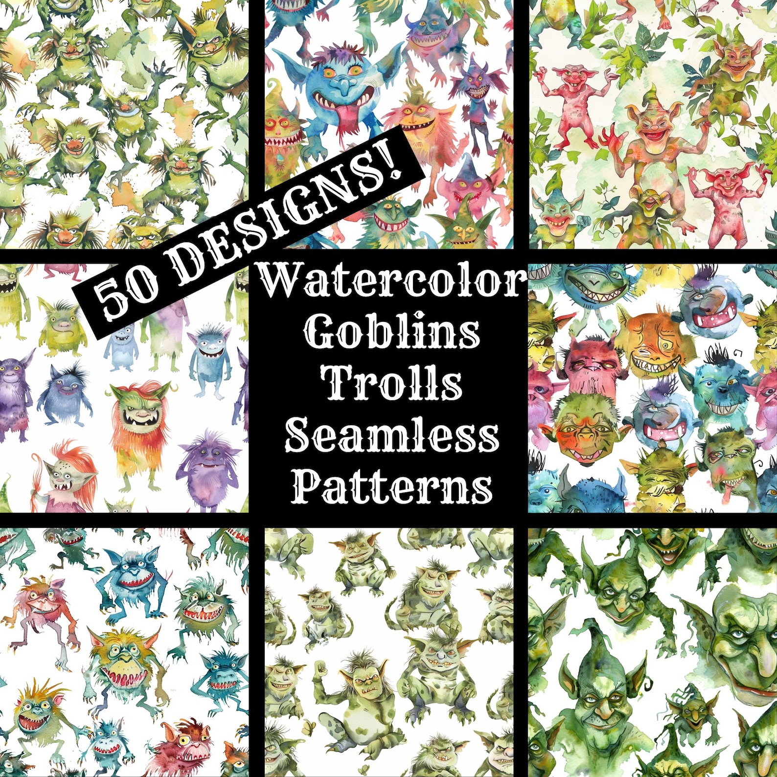Watercolor Goblins Trolls Seamless Pattern: Printable Digital Paper ...