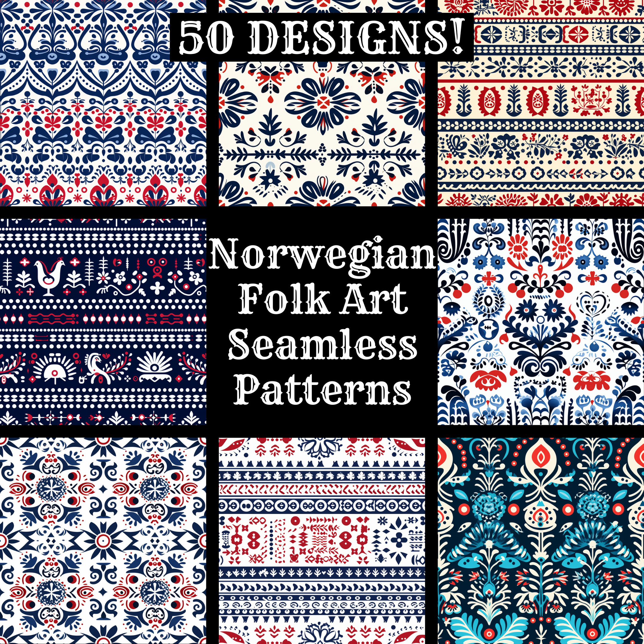 Norwegian Folk Art Seamless Patterns: Digital Scrapbook Paper (PNG