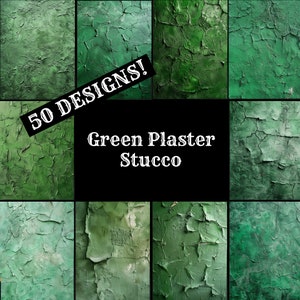 May include: 50 green plaster stucco textures. The textures are cracked and have a rough surface. The textures are perfect for adding a rustic or vintage look to your projects.