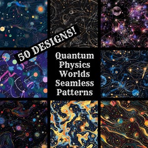 Puede incluir: Un collage de 9 patrones abstractos y sin costuras coloridos que presentan líneas en espiral, estrellas y planetas. El texto "50 DESIGNS! Quantum Physics Worlds Seamless Patterns" está en el centro de la imagen.