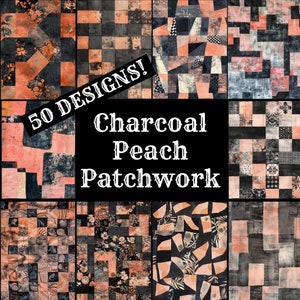 Peut inclure: Un collage de 50 motifs de patchwork différents dans des tons de charbon de bois et de pêche. Le texte "50 DESIGNS! Charcoal Peach Patchwork" est affiché au centre de l'image.
