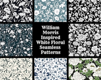 Può includere: Un set di 9 motivi floreali senza cuciture ispirati a William Morris. I motivi presentano fiori e foglie bianchi su sfondi di vari colori, tra cui nero, blu e verde.