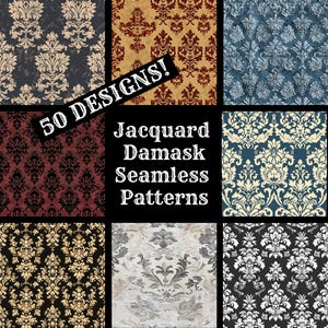 Op de afbeelding: Een collage van negen verschillende damastpatronen in verschillende kleuren, waaronder zwart, wit, goud, rood, blauw en grijs. De tekst "50 DESIGNS!" en "Jacquard Damask Seamless Patterns" wordt in het midden van de afbeelding weergegeven.