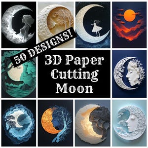 May include: A collage of 50 different 3D paper cutting designs of the moon. The designs feature various colors, patterns, and textures, including a moon with a woman's face, a moon with a tree, and a moon with a crescent shape.