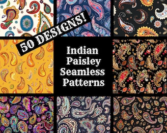 Indian Paisley Seamless Pattern: 50 Digital Papers (PNG, 300 dpi)