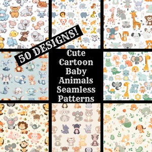 Cute Cartoon Baby Animals Seamless Digital Paper, Cartoon Baby Animals Printable Scrapbook Paper Seamless Textures, Digital Instant Download