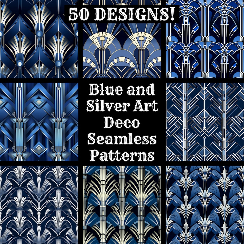 Blue and Silver Art Deco Seamless Digital Paper, Printable Scrapbook