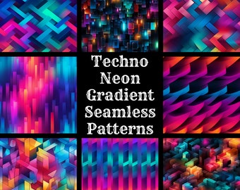 Techno Neon Gradient Seamless Patterns: 55 PNG Digital Papers (Digital Download)