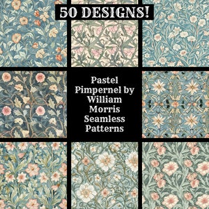 Op de afbeelding: Een collage van negen verschillende bloemmotieven in pastelkleuren, met verschillende bloemen en bladeren. De patronen zijn gelabeld "Pastel Pimpernel by William Morris Seamless Patterns".