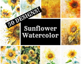 May include: A collage of 12 watercolor paintings featuring sunflowers in various arrangements and colors. The text "50 DESIGNS! Sunflower Watercolor" is displayed in the center of the collage.