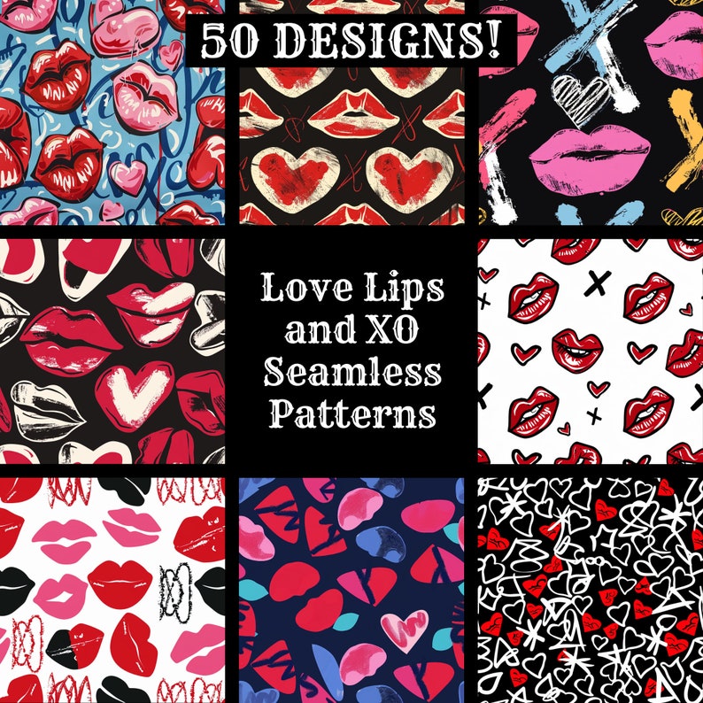 Love Lips XO Seamless Pattern: 50 PNG Digital Papers (digital Download ...