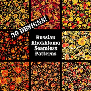 May include: A set of 9 seamless patterns featuring traditional Russian Khokhloma designs. The patterns are in red, yellow, and black colors and feature floral motifs.