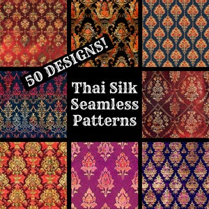 Könnte beinhalten: Neun Beispiele für nahtlose Thai-Seidenmuster in verschiedenen Farben, darunter Rot, Schwarz, Marineblau und Lila. Jedes Muster weist verzierte Blumen- und geometrische Designs mit goldenen Akzenten auf. Das Bild enthält den Text "50 DESIGNS!" und "Thai Silk Seamless Patterns."
