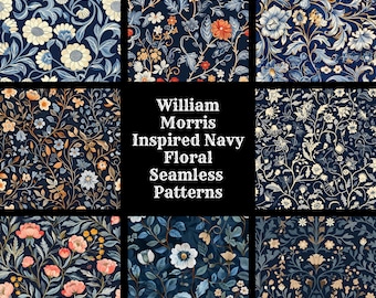 William Morris Inspired Navy Floral Seamless Pattern: 50 PNG Digital Papers (Digital Download)