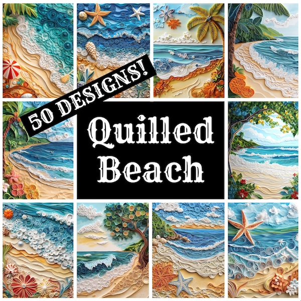 Quilled Beach Digital Paper: Vintage Journal Inserts (PNG, 8.5x11 in) (Digital Download)