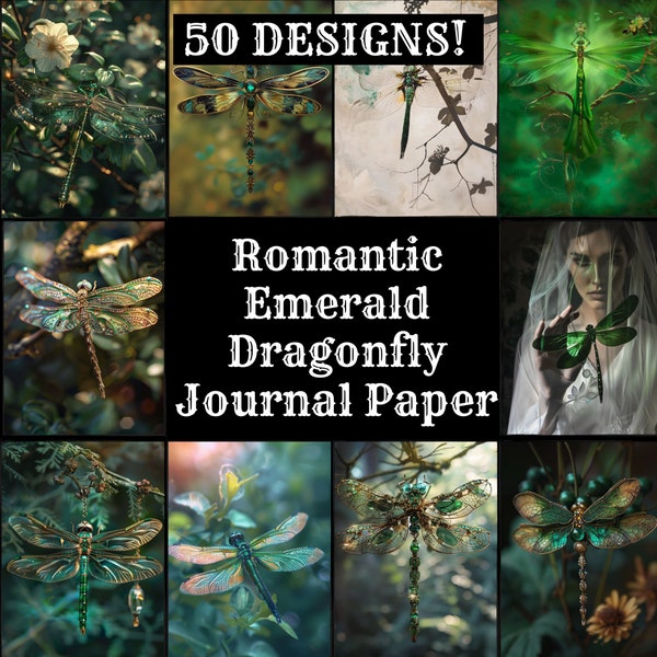 Romantic Emerald Dragonfly Journal Paper, Romantic Emerald Dragonfly Printable Paper, Vintage Dragonfly Journal Supplies, Journal Inserts