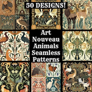 May include: A collage of 50 Art Nouveau animal seamless patterns. The patterns feature a variety of animals, including birds, deer, and cats, in a variety of colours and styles. The text "Art Nouveau Animals Seamless Patterns" is displayed in the centre of the collage.