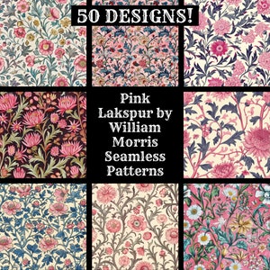 Pink Lakspur autorstwa Williama Morrisa Seamless Digital Paper, papier do scrapbookingu do druku Seamless Textures, cyfrowe natychmiastowe pobieranie William Morris