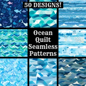 Op de afbeelding: Een collage van 50 ocean-thema quiltpatronen. De patronen zijn in verschillende tinten blauw, groen en wit, met ontwerpen waaronder golven, vissen en schelpen. De tekst "Ocean Quilt Seamless Patterns" staat in het midden van de collage.