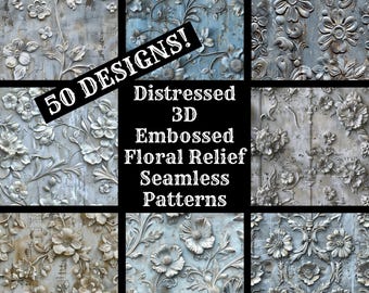 Distressed Floral Relief Digital Paper: 3D Embossed Seamless Textures (PNG)