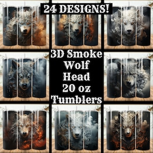 May include: 24 Designs! 3D Smoke Wolf Head 20 oz Tumblers.  Set of three stainless steel tumblers with a wolf head design. Each tumbler features a different smoke effect, including orange, gray, and white.